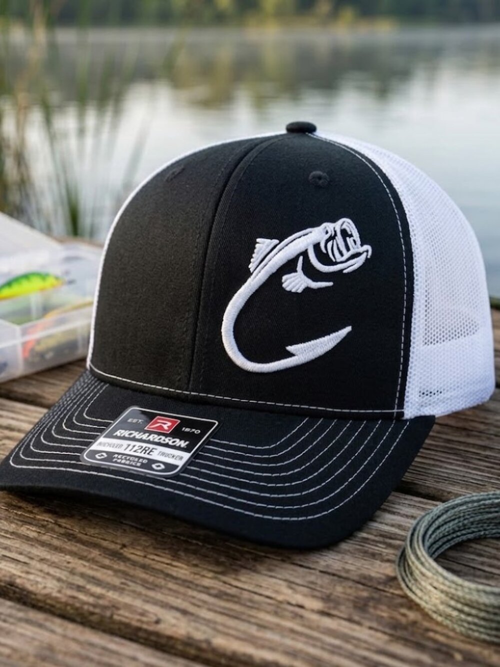 Bass Fishing Hook Offset Black Richardson 112RE Snapback Hat Angler Baiter Sport